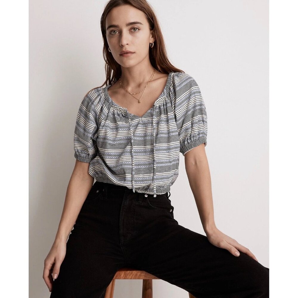 NEW Madewell Jacquard Keyhole Puff Sleeve Crop Top Stripe Tranquil Ocean Size M